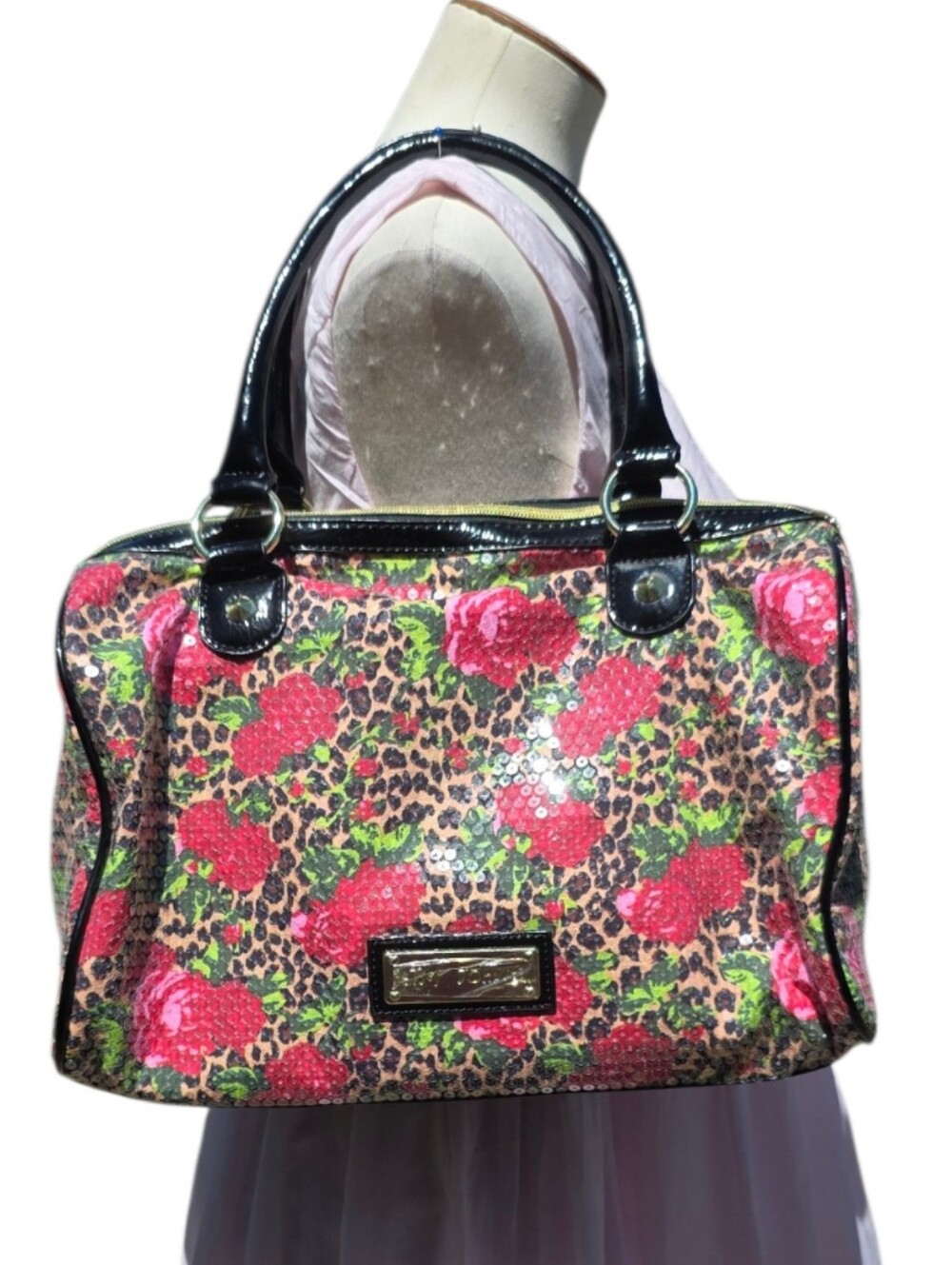 Betsey Johnson Y2K Sequin Leopard Rose Satchel Shoulder Bag Patent Purse